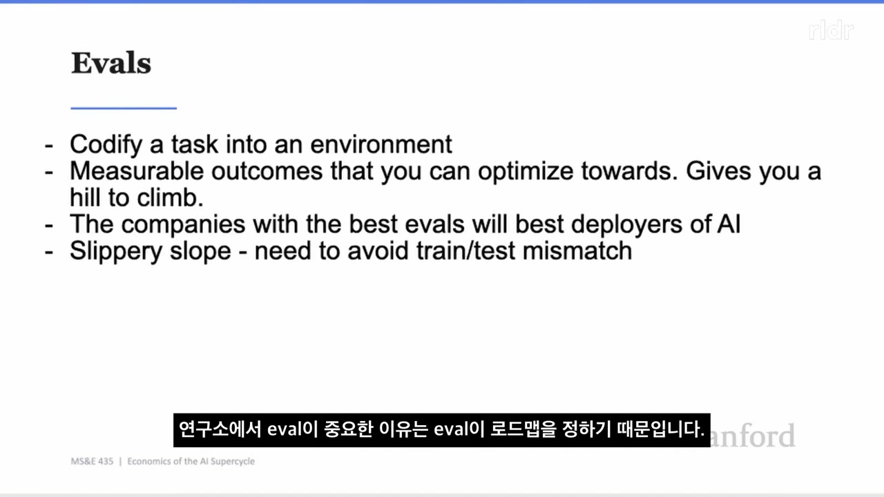 과제를 환경으로 만들고 측정 가능한 결과를 정의하며 학습 최적화 조건과 평가 조건의 불일치를 피하라는 eval 슬라이드