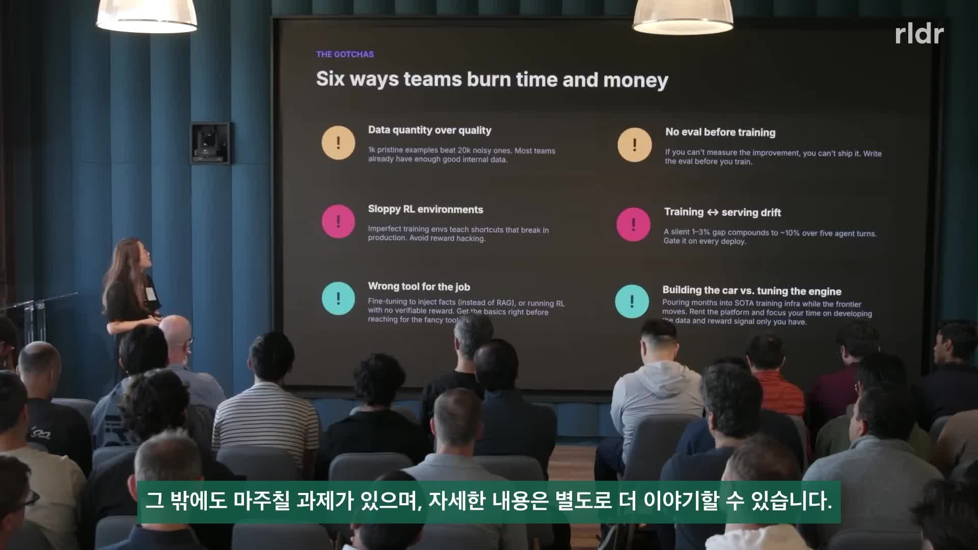 Six ways teams burn time and money 슬라이드를 설명하는 Lin Qiao
